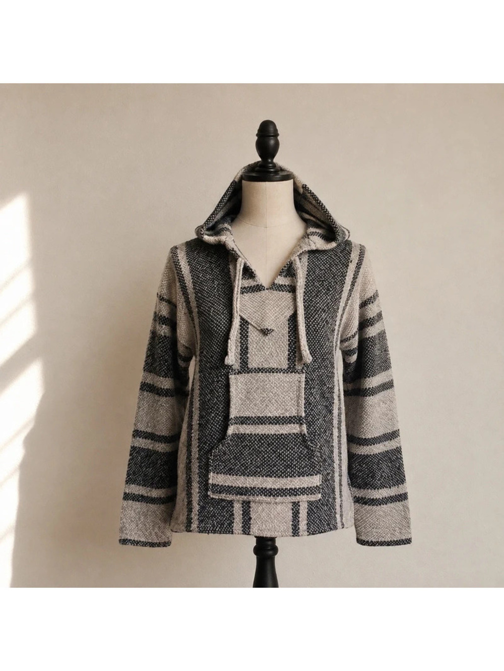 Baja Jerga Hoodie Black Gray Striped Woven Drug Rug Pullover Boho Unisex